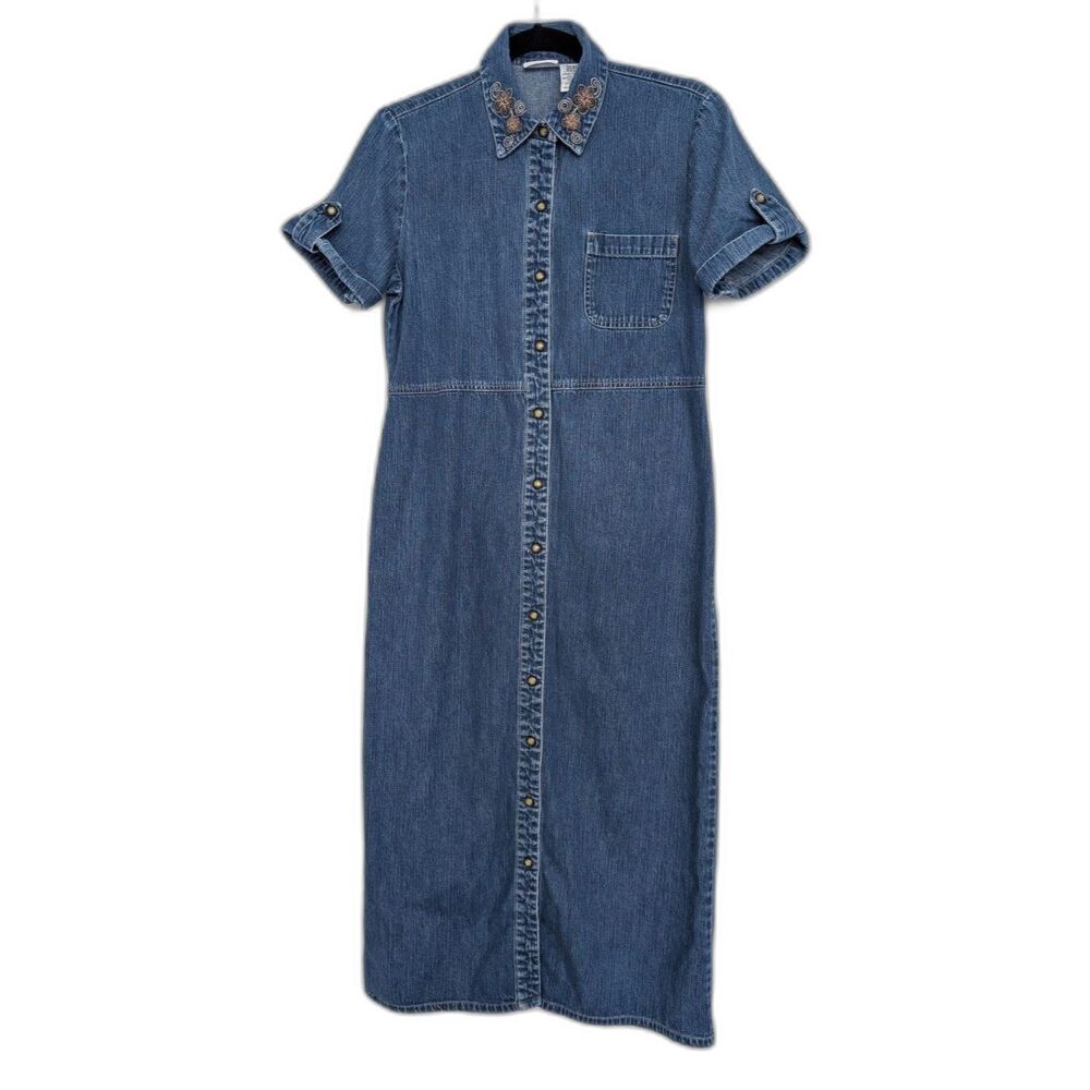 Vintage Embroidered Pearl Snap Denim Midi Short Sleeve Dress Sz S Western